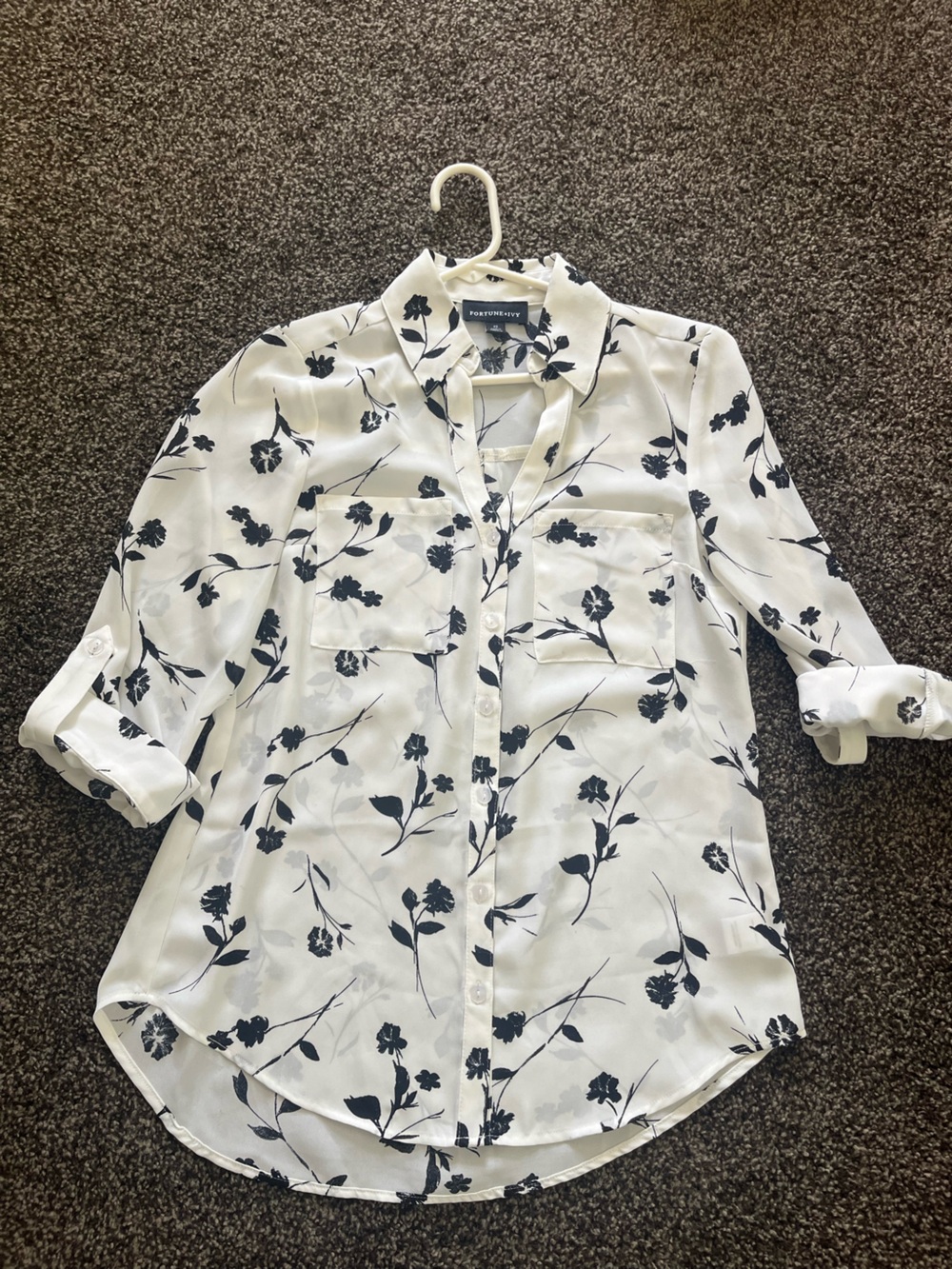 Liz Claiborne White Button-Up Blouse with Black Floral Print
